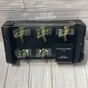 Tahari Green and Red Bird Napkin Rings Set of 6